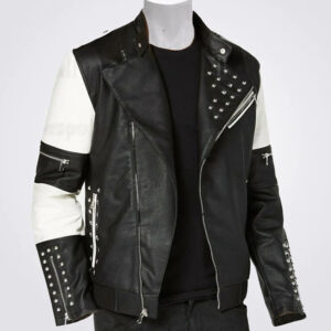 biker jacket, black jacket, black white jacket, silver studded jacket, studded jacket