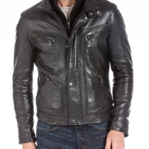 Black Lambskin Leather Sports Jacket For Men