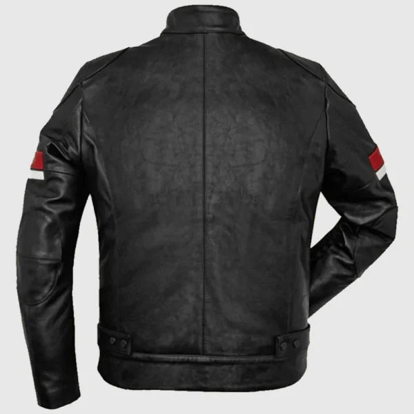 Black Leather Red and White Striped Cafe Racer Jacket - Image 2