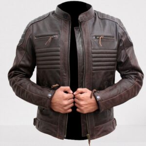 Brown Leather Biker Racer Jacket for Men Leather Apparel Fashion Jacket