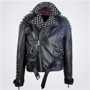 Classic Black Leather Jacket With Half Spikes For Men