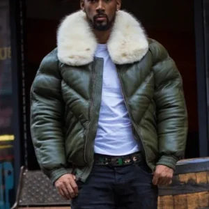 Limited edition Trendy Fashion Men v Bomber Jacket - Money Green ( off White Fur)