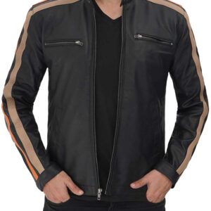 Harland Stripe Black Leather Cafe Racer Style Jacket Men