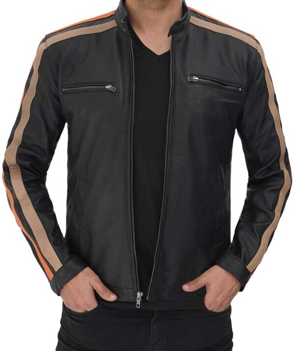 Harland Stripe Black Leather Cafe Racer Style Jacket Men