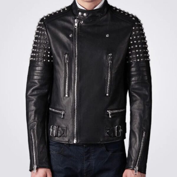 Men Black Leather Fashion Studded Jacket