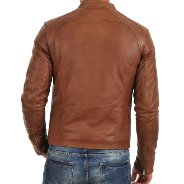 Men Brown Bomber Biker Tan Leather Jacket - Image 2