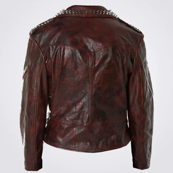 Men Full Red Waxed Punk Metallic Spiked Studded Zippered Leather Jacket - Image 2