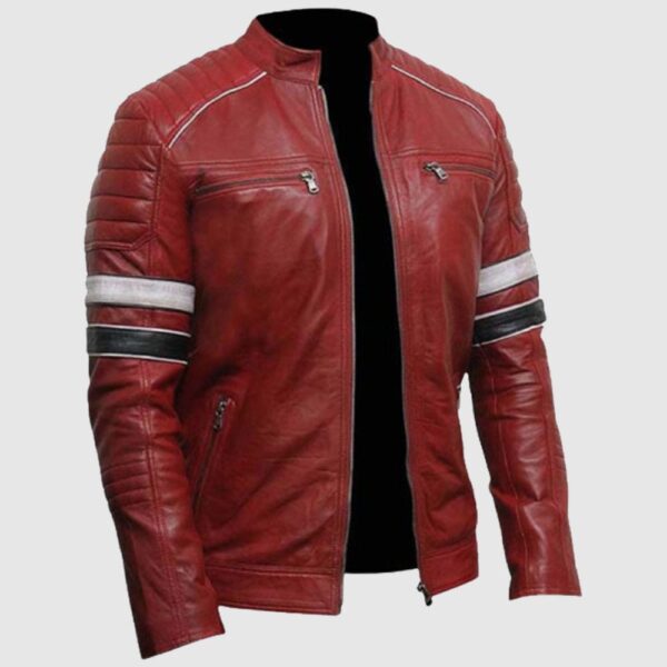 Men Red Leather Biker Fashion Jacket With Stripes Mens Leather Apparel