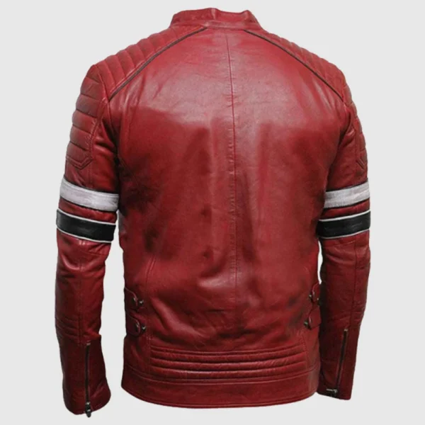 Men Red Leather Biker Fashion Jacket With Stripes Mens Leather Apparel - Image 2