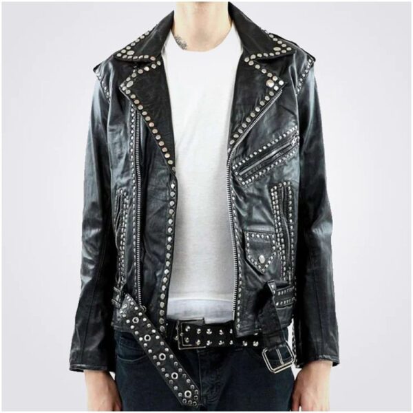 Men’s Black Leather Party Jacket with Studs