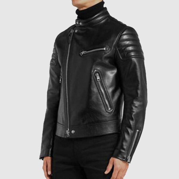 Men’s Black Padded Sleeves Motorcycle Leather Jacket