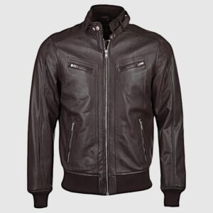 Men’s Brown Genuine Sheepskin Leather Bomber Rib Jacket