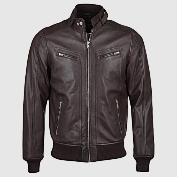 Men’s Brown Genuine Sheepskin Leather Bomber Rib Jacket