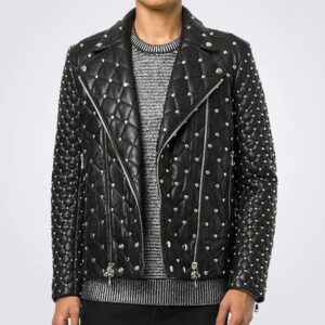 Men’s Fashion Leather Jacket With Silver Studs