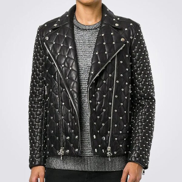 Men’s Fashion Leather Jacket With Silver Studs