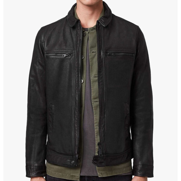 Men Solid Black Leather Jacket