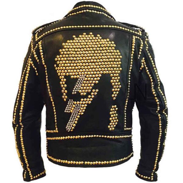 Mens Black Punk Gold Long Spiked Studded Leather Jacket - Image 2