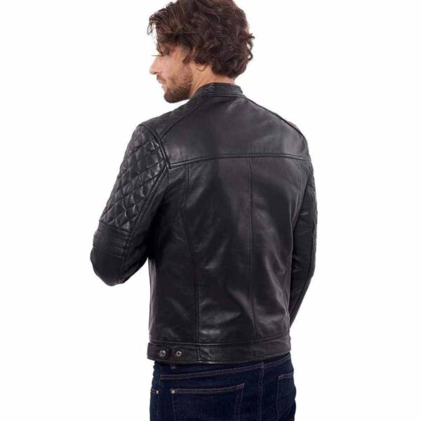 Mens Black Quilted Leather Biker Jacket - Image 2