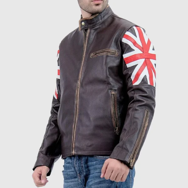 Mens Brown Union Jack Sheepskin Leather Jacket - Image 3