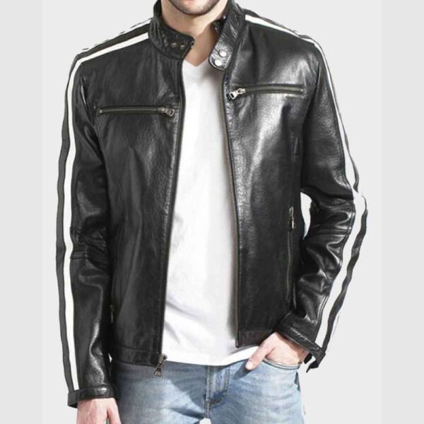 Mens White Striped Black Café Racer Leather Jacket