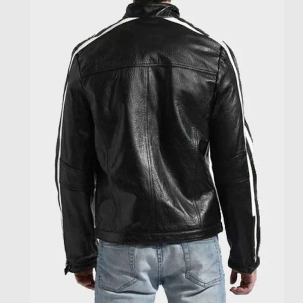 Mens White Striped Black Café Racer Leather Jacket - Image 2