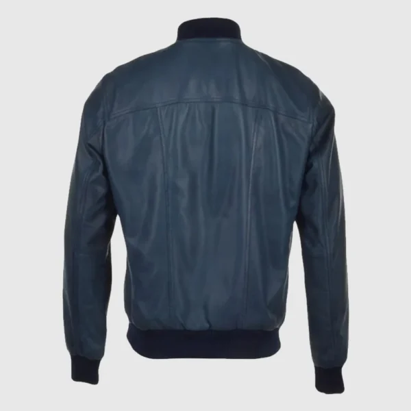 Navy Waxed Bomber Leather Jacket - Image 2