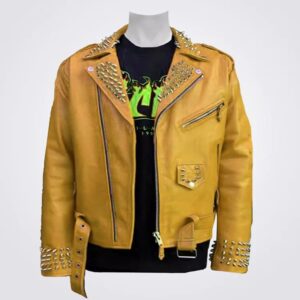 New Men Orange Silver Spikes Biker Leather Jacket