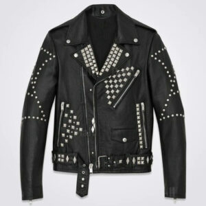 New Mens Handmade Black Full Silver Punk Studded Rivets Leather Jacket