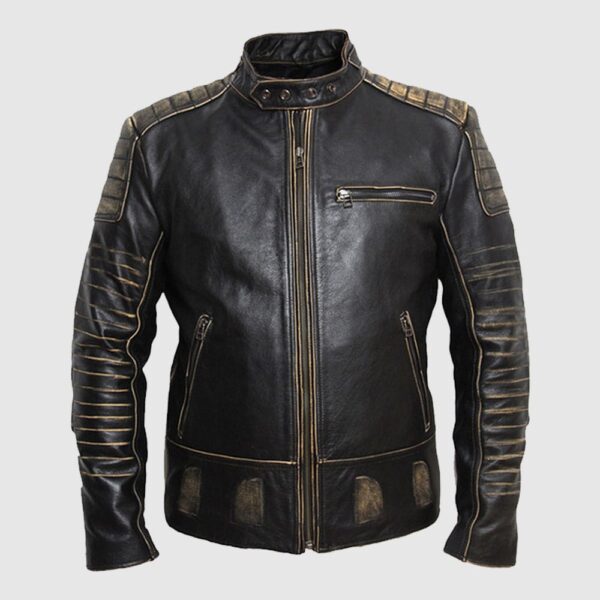 Vintage Retro Black Pleated Genuine Leather Motorcycle Jacket