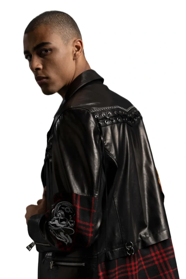 Black Goatskin Leather Wool Patchwork Moto Jacket with Intricate Decoration - Image 3