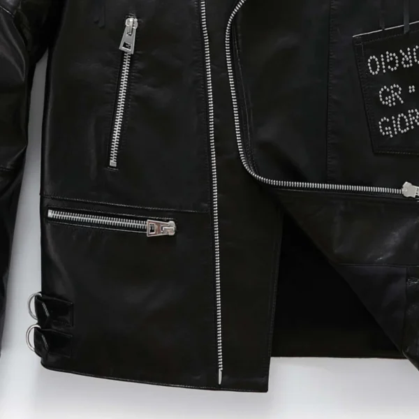 Black Goatskin Leather Wool Patchwork Moto Jacket with Intricate Decoration - Image 5