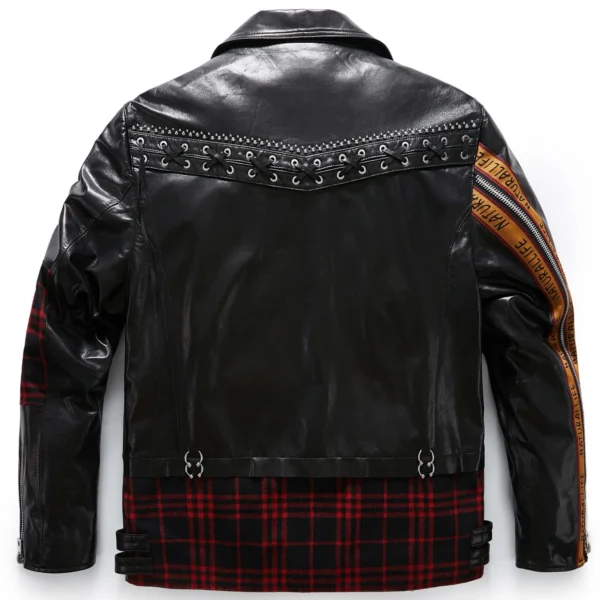 Black Goatskin Leather Wool Patchwork Moto Jacket with Intricate Decoration - Image 8