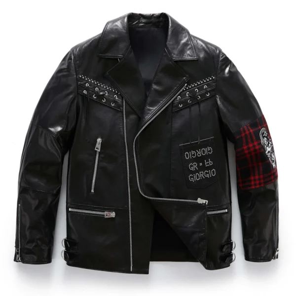 Black Goatskin Leather Wool Patchwork Moto Jacket with Intricate Decoration