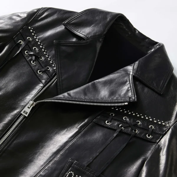 Black Goatskin Leather Wool Patchwork Moto Jacket with Intricate Decoration - Image 6