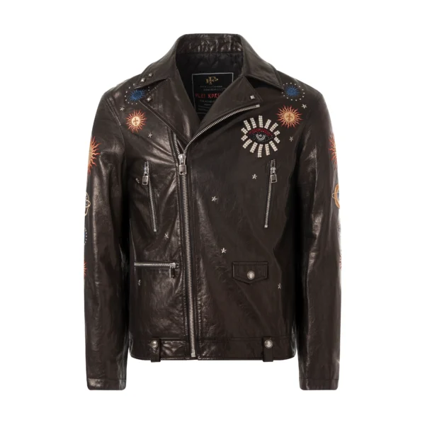 Black Goatskin Moto Biker Jacket with Appliques