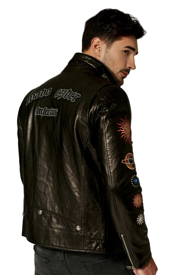 Black Goatskin Moto Biker Jacket with Appliques - Image 3