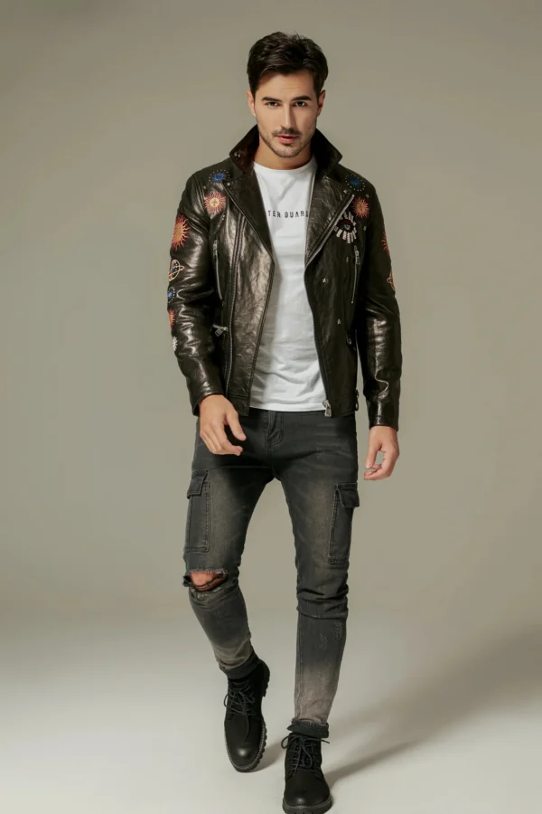 Black Goatskin Moto Biker Jacket with Appliques - Image 5