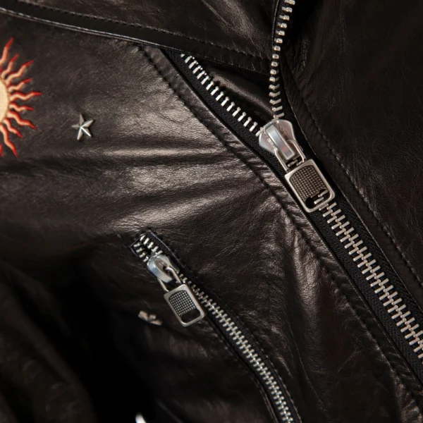 Black Goatskin Moto Biker Jacket with Appliques - Image 2