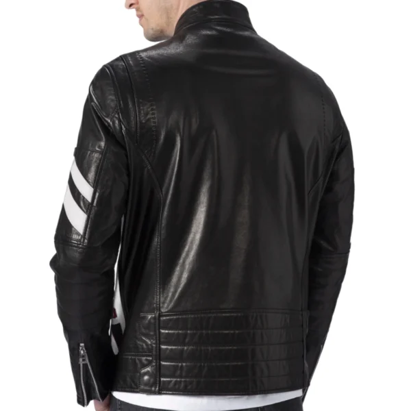 Black Leather Racer Jacket with Letter Knitted Band - Image 3