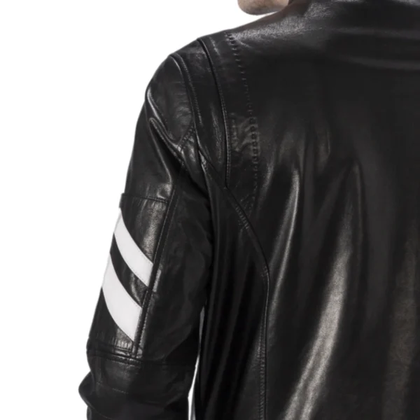 Black Leather Racer Jacket with Letter Knitted Band - Image 2