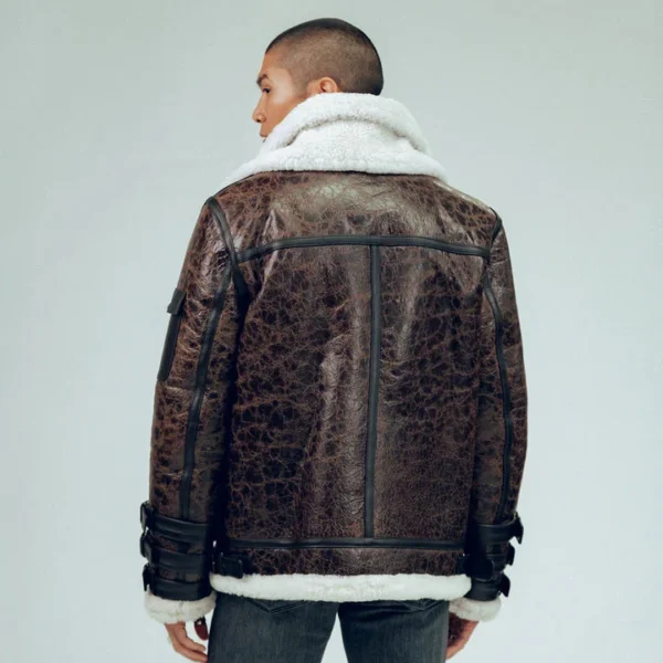 Double Tone Brown Shearling Aviator Leather Jacket - Image 2