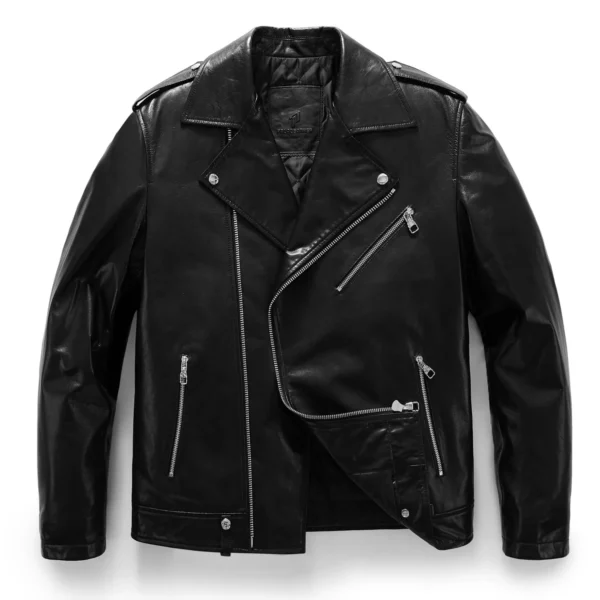 Handmade 100% Goatskin Classic Black Leather Moto Jacket with Epaulettes