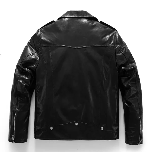 Handmade 100% Goatskin Classic Black Leather Moto Jacket with Epaulettes - Image 5