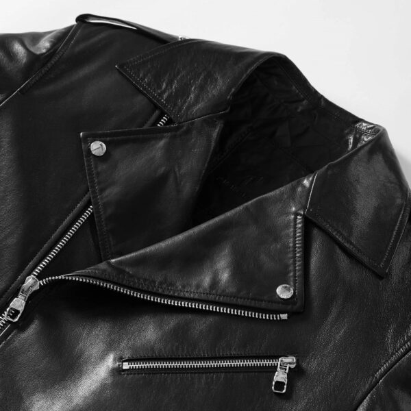 Handmade 100% Goatskin Classic Black Leather Moto Jacket with Epaulettes - Image 4