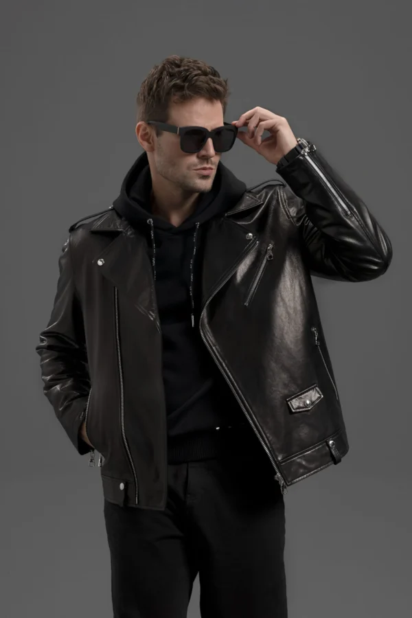 Handmade 100% Goatskin Classic Black Leather Moto Jacket with Epaulettes - Image 2