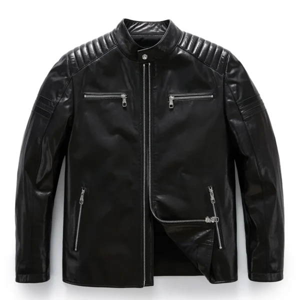 Men's 100% Goatskin Classic Black Leather Motorcycle Racer Jacket