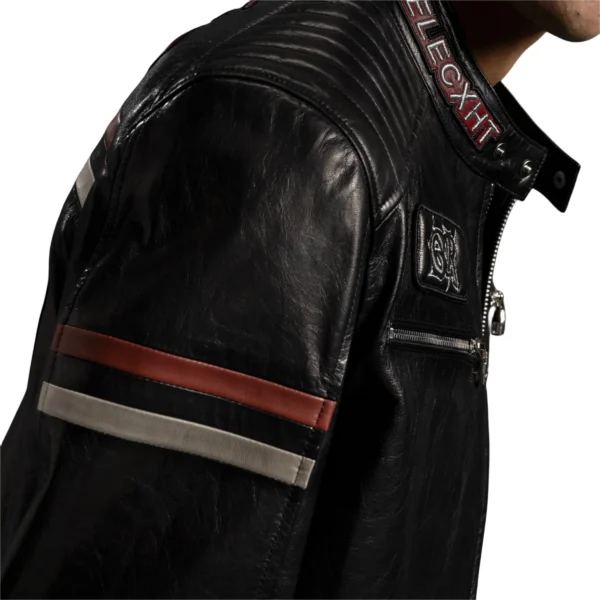 Men's Black Leather Patch Decorated Leather Biker Jacket - Image 3