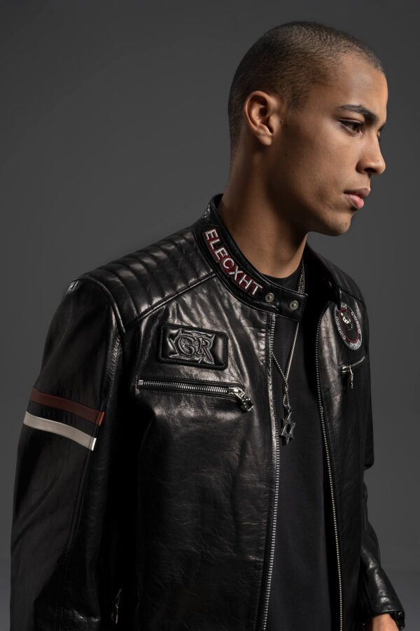 Men's Black Leather Patch Decorated Leather Biker Jacket - Image 5