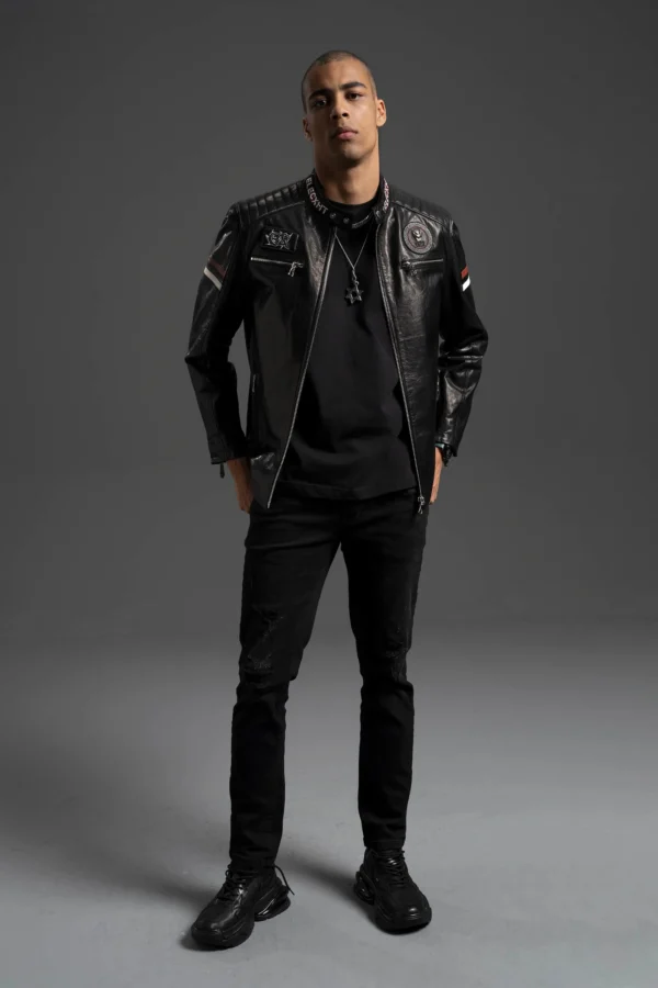 Men's Black Leather Patch Decorated Leather Biker Jacket - Image 4