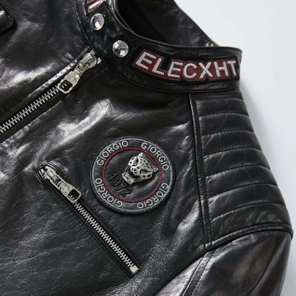 Men's Black Leather Patch Decorated Leather Biker Jacket - Image 8